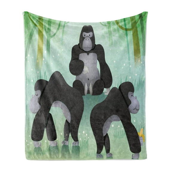 Gorilla Soft Flannel Fleece Throw Blanket, Design of Chunky Woodland Creatures in the Forest, Cozy Plush for Indoor and Outdoor Use, 70" x 90", Grey Green, by Ambesonne