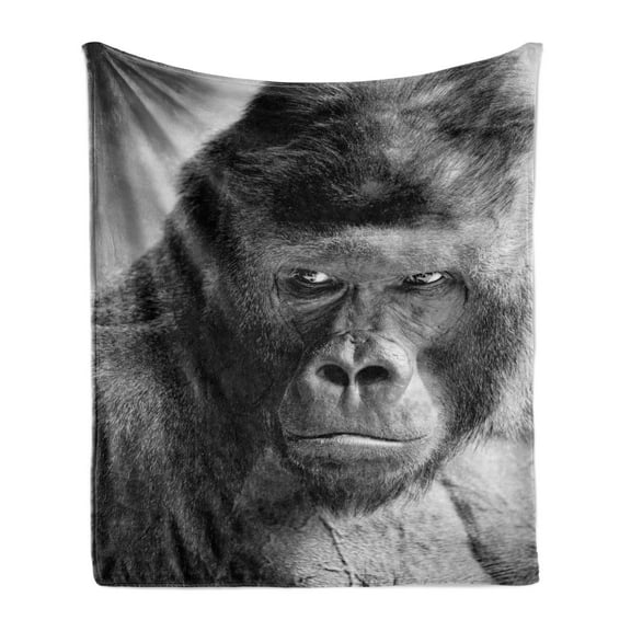 Gorilla Soft Flannel Fleece Throw Blanket, Picturesque of a Grumpy Ape Portrait in Monochrome Tones, Cozy Plush for Indoor and Outdoor Use, 60" x 80", Charcoal Grey Grey, by Ambesonne