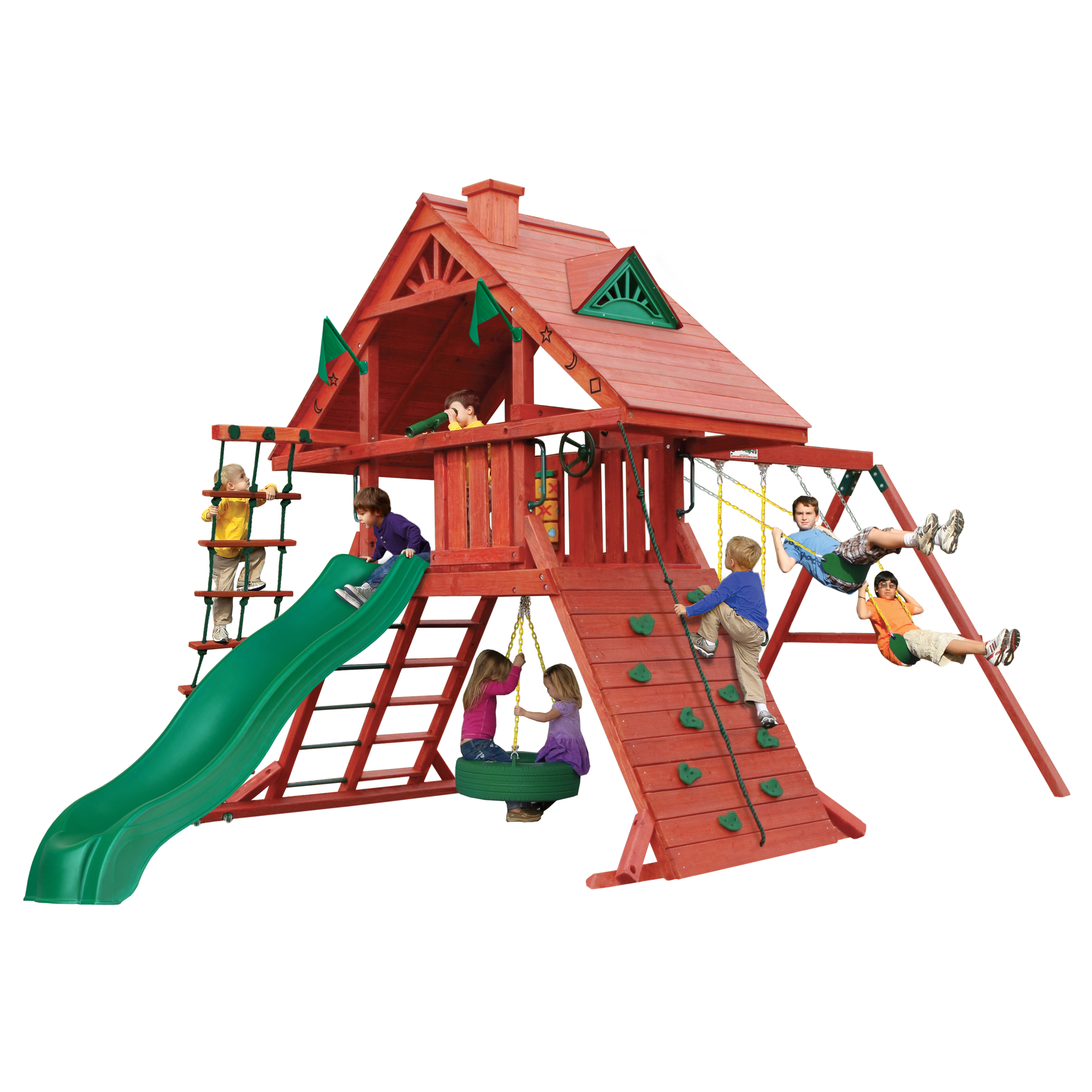 Gorilla Playsets Sun Palace I Wooden Swing Set with Tire Swing, Extra Large Rock Climbing Wall, and Rope Ladder - image 1 of 11