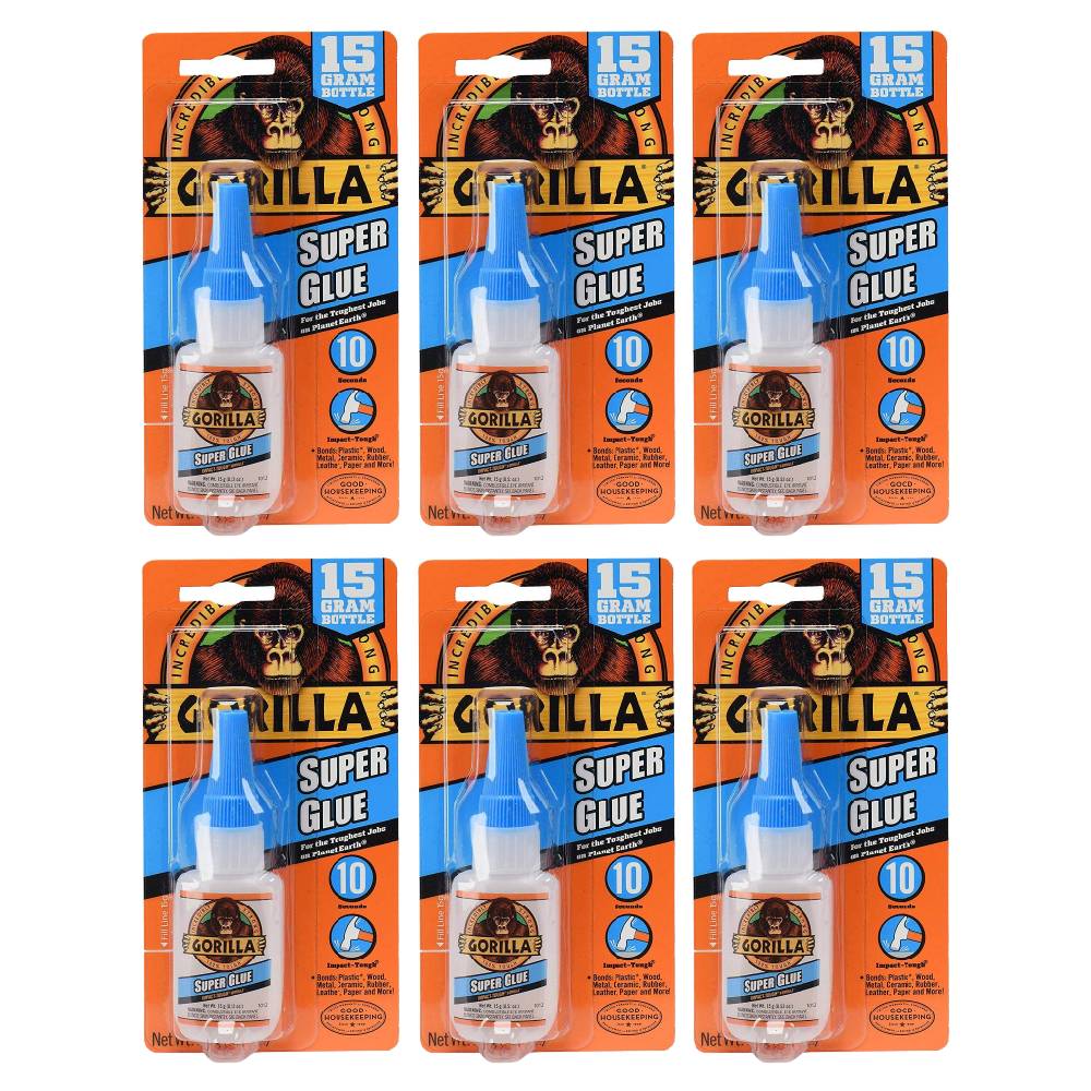 Gorilla Super Glue 15g Bottle 10 Seconds Heavy Duty Strength Indoor Clear 6-Pack
