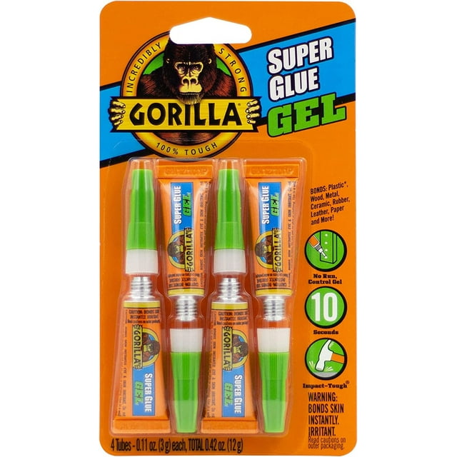 Gorilla Super Glue Gel, Four 3 Gram Tubes, Clear, (Pack of 1) 1 Pack