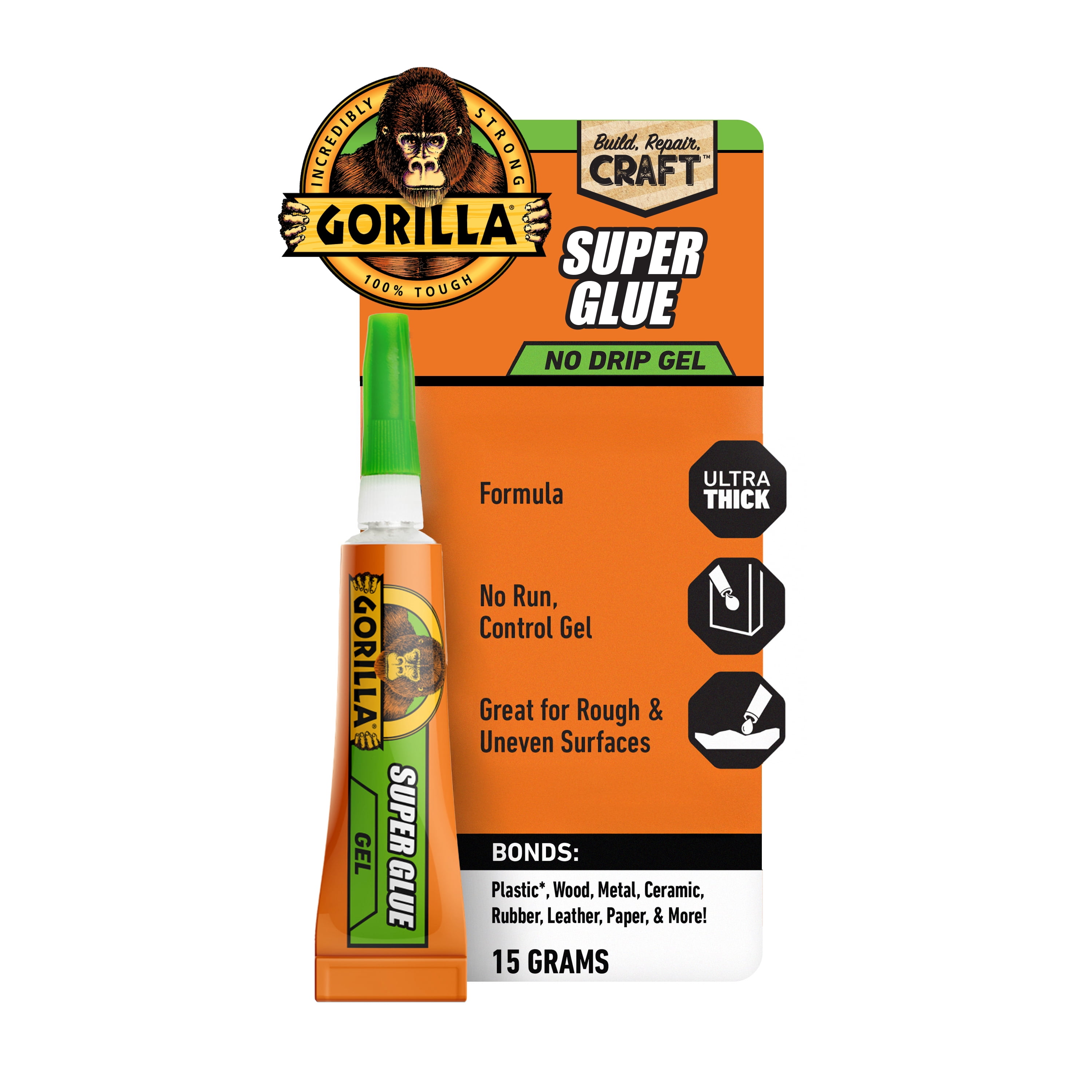 Gorilla Super Glue No Drip Gel Is Ultra Thick and Great for Use on Rough & Uneven Surfaces.  24-Hour Dry Time