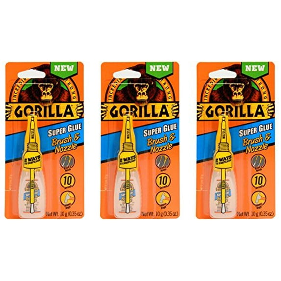 Gorilla Super Glue with Brush & Nozzle Applicator, 10 Gram, Clear, (pack of 3) - Dries in 45 Seconds