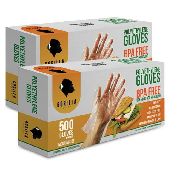 Gorilla Supply Disposable Kichen Poly PE Gloves, Food Grade, BPA Free, 1000 Count, Medium