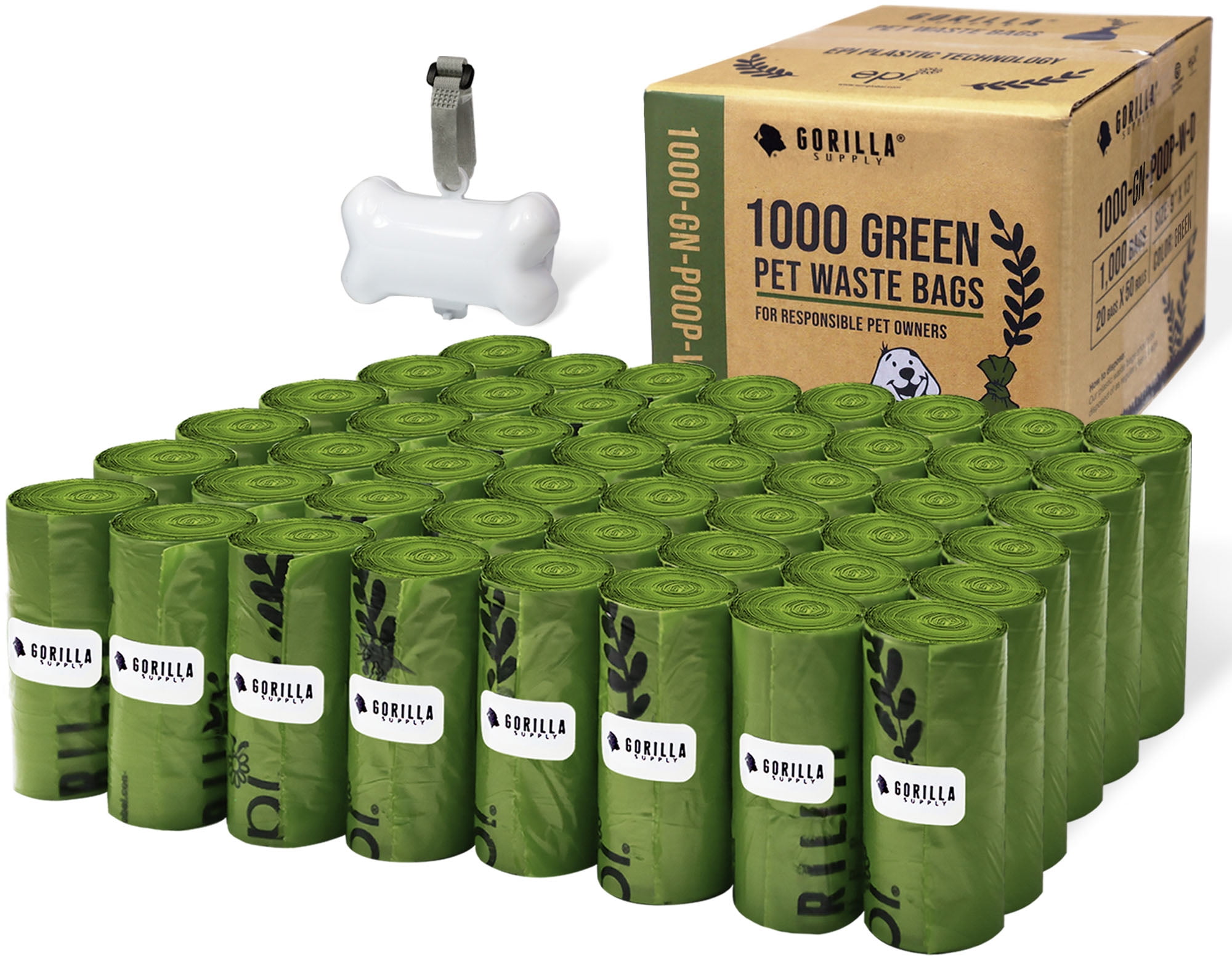 Gorilla Supply Dog Poop Waste Bags with Dispenser and Leash Tie 9"X13", Green, 1000 Count