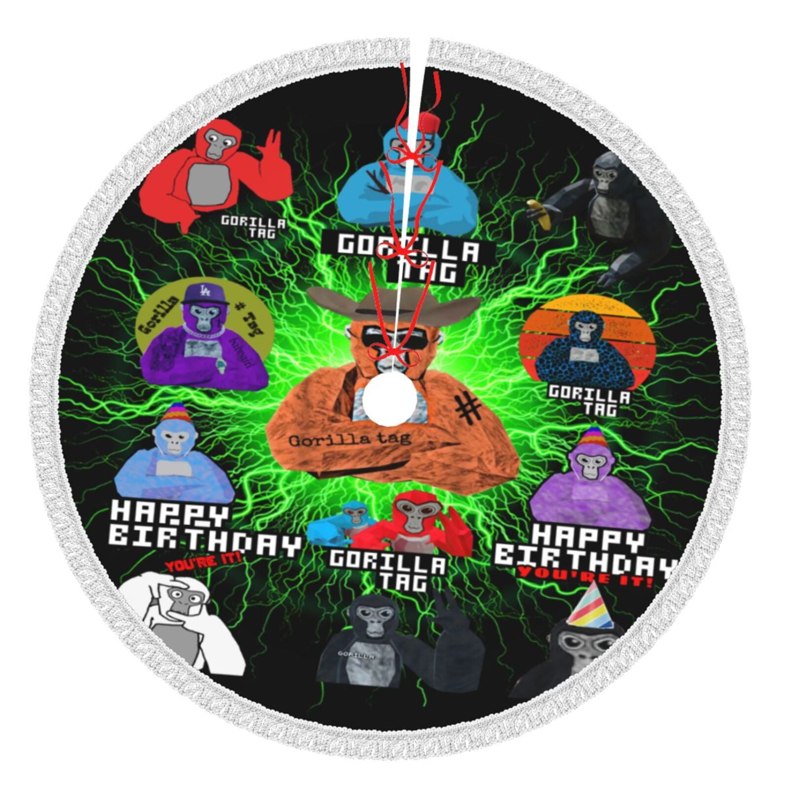 Gorilla Tag Christmas Tree Skirt with Tassels, Large Christmas Tree