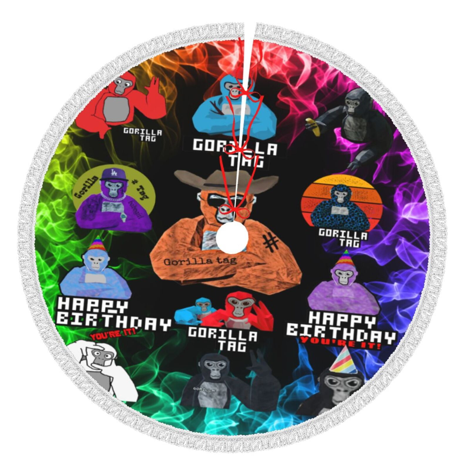 Gorilla Tag Christmas Tree Skirt with Tassels, Large Christmas Tree