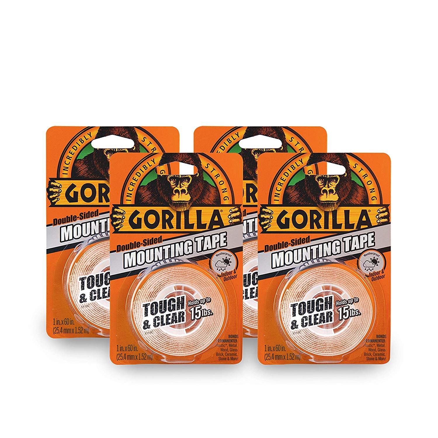 Gorilla Tough & Clear Double Sided Mounting Tape, 1 inch x 60 Inches, Clear, Pack of 4, Size: 4 Pack 6065003