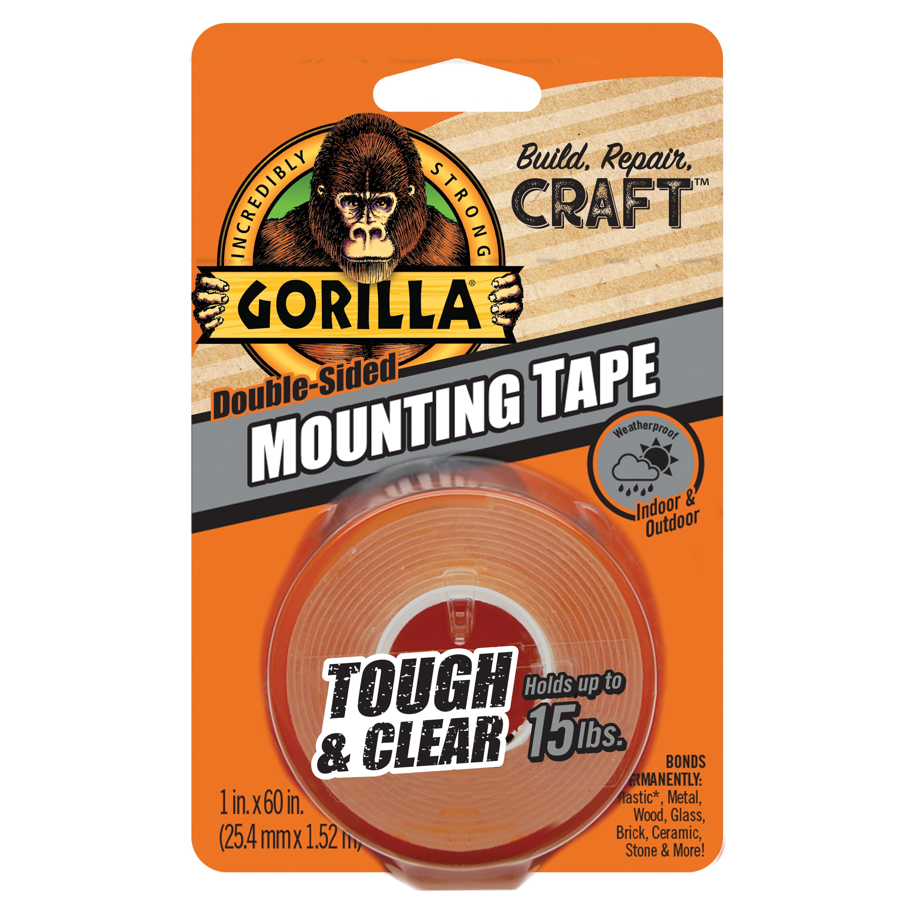 1PACK Gorilla 1 In. x 60 In. Black Heavy Duty Double-Sided Mounting Tape  (30 Lb. Capacity)