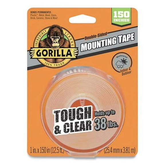Gorilla Tough & Clear Double-Sided Mounting Tape, Permanent, Holds Up to 0.25 lb per Inch, 1" x 12.5 ft, Clear