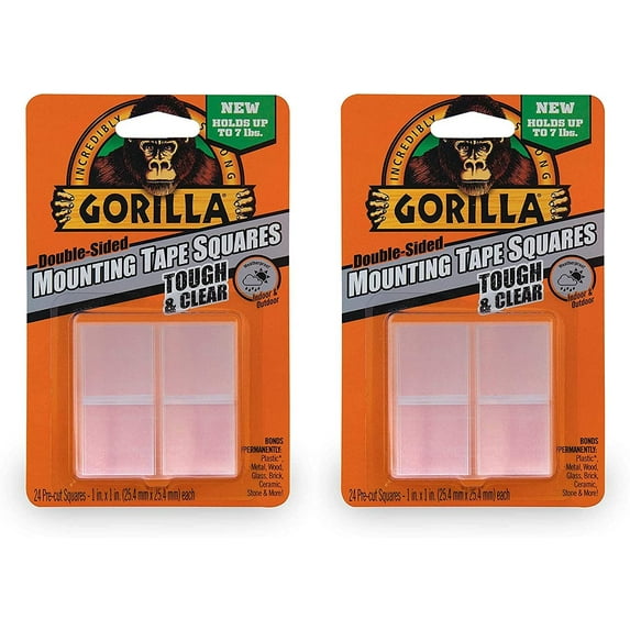 Gorilla Tough & Clear Double Sided Mounting Tape Squares, 24 1" Pre-Cut Squares, Clear, 2 Pack