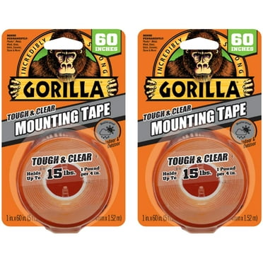 Gorilla Tough & Clear, Double Sided Mounting Tape, Weatherproof, 1" x 60", Clear, (Pack of 2)