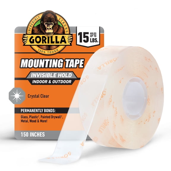 Gorilla Tough & Clear Double Sided Mounting Tape, Clear Tape, 1" x 150"