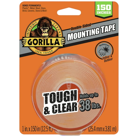 Gorilla Tough & Clear Double Sided Mounting Tape, Clear Tape, 1" x 150"