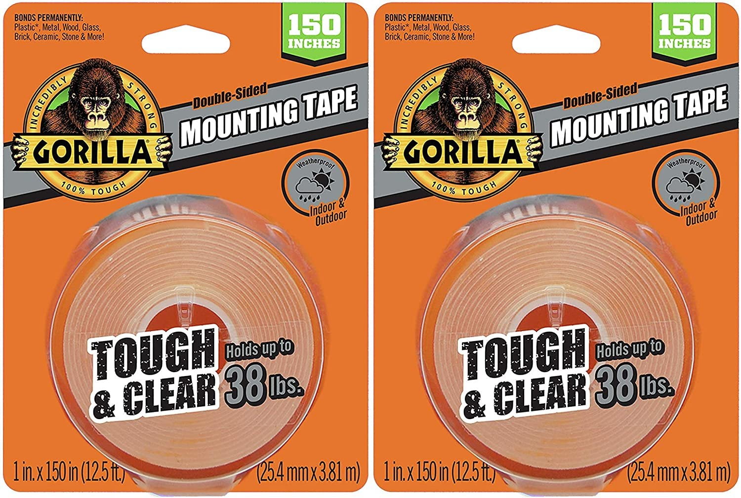 Gorilla Tough & Clear Double Sided XL Mounting Tape, 1" x 150", Clear
