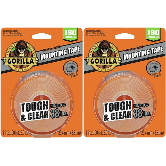 Gorilla Tough & Clear Double Sided XL Mounting Tape, 1" x 150", Clear, 2 Pack of 1