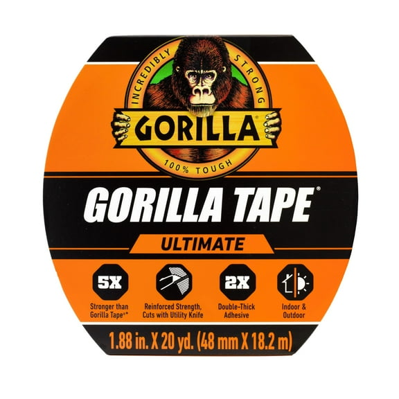 Gorilla Ultimate Tape, High Tensile Cloth with Double-Thick Adhesive for Hauling, Strapping, Patching, Bundling, Lifting, 1.88" x 20yd, Black Pack of 1