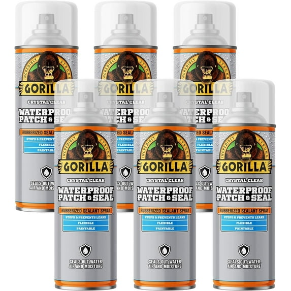 Gorilla Waterproof Patch & Seal Rubberized Sealant Spray, Crystal Clear, 14oz Bulk Pack of 6