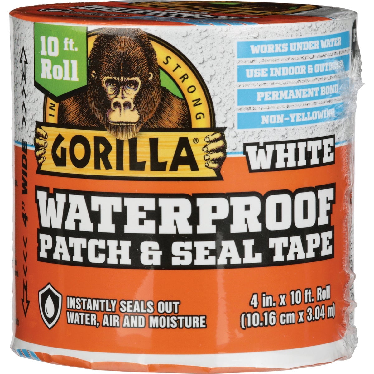 Gorilla Waterproof Patch & Seal Tape, White Tape, 4" x 10' (Pack of 4) - Permanent Weather Resistant Seal for Leaks and Repairs