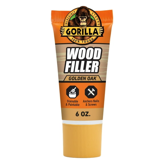 Gorilla All Purpose Wood Filler, Golden Oak Color, 6 Ounce Tube - Water Resistant for Indoor or Outdoor Projects and Repairs