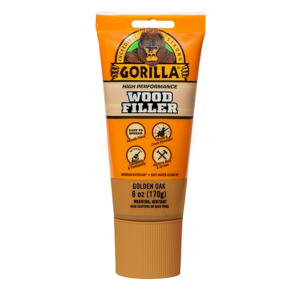 Gorilla All Purpose Wood Filler, Golden Oak Color, 6 Ounce Tube - Water Resistant for Indoor or Outdoor Projects and Repairs