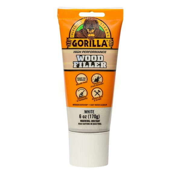 Gorilla All Purpose Wood Filler, White Wood Filler, 6 Ounce Tube - Water Resistant for Indoor or Outdoor Projects and Repairs