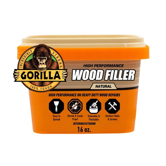 Gorilla Wood Filler Natural Finish 16 Ounce Tub - Water Resistant for Indoor and Outdoor Projects and Repairs
