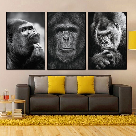 Gorilla canvas decorative painting black and white art of wild animals chimpanzee expressions 3pcs frameless new style monkey room decoration