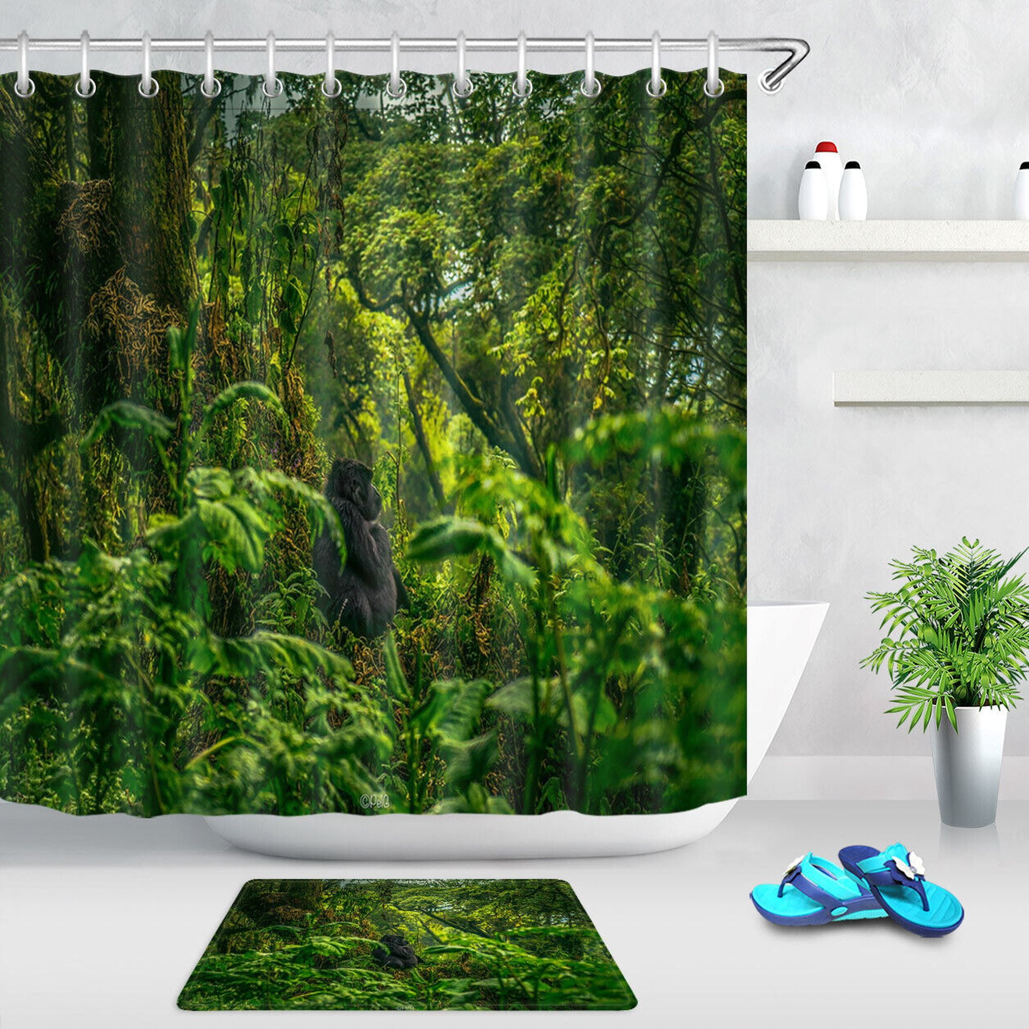 Gorilla in the Green Jungle Shower Curtain Set with Hooks