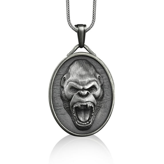 Gorilla oval personalized pendant necklace, Angry monkey mens silver necklace for boyfriend, Custom name animal necklace