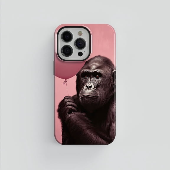 Gorilla with Balloon Pink Portrait Tough Phone Case, Dual-Layer Protective Cover for iPhone