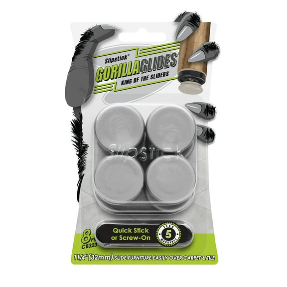 GorillaGlides CB323 1-1/4 Inch Furniture Sliders / Chair Glide Floor Protectors (Set of 8 Glides) Screw-On or Self-Adhesive, for Sliding on Carpet and Hard Surface Flooring, Round