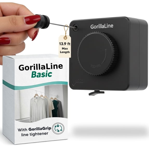 GorillaLine Basic - Retractable Clothesline Indoor Outdoor Clothes Line - Heavy Duty Clothes Drying Laundry Line - Wall Mounted Drying Rack - Air Dry Clothing - Tighten with GorillaGrip