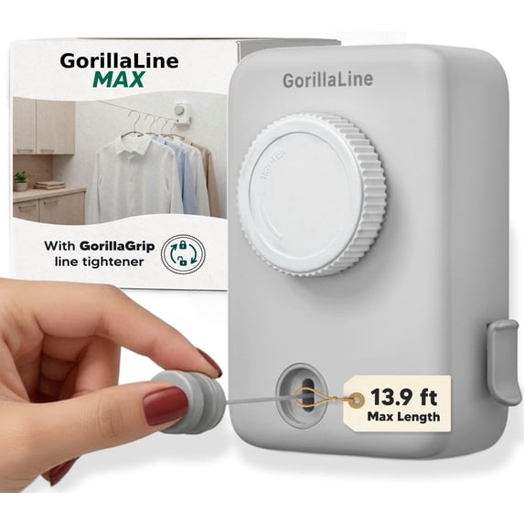 GorillaLine Max - Retractable Clothesline Indoor Outdoor Clothes Line - Heavy Duty Clothes Drying Laundry Line - Wall Mounted Drying Rack - Air Dry Clothing - Max Tighten with GorillaGrip