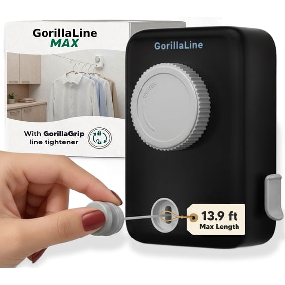GorillaLine Max - Retractable Clothesline Indoor Outdoor Clothes Line - Heavy Duty Clothes Drying Laundry Line - Wall Mounted Drying Rack - Air Dry Clothing - Max Tighten with GorillaGrip