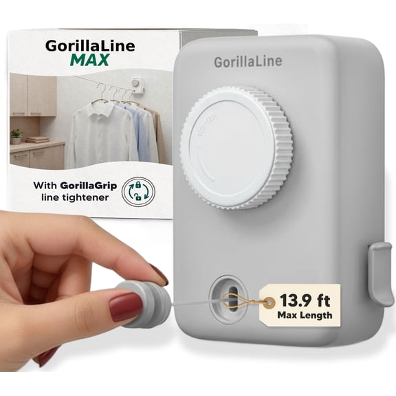 GorillaLine Max - Retractable Clothesline Indoor Outdoor Clothes Line - Heavy Duty Clothes Drying Laundry Line - Wall Mounted Drying Rack - Air Dry Clothing - Max Tighten with GorillaGrip