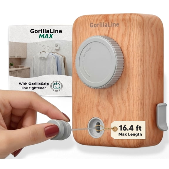 GorillaLine Max - Retractable Clothesline Indoor Outdoor Clothes Line - Heavy Duty Clothes Drying Laundry Line - Wall Mounted Drying Rack - Air Dry Clothing - Max Tighten with GorillaGrip