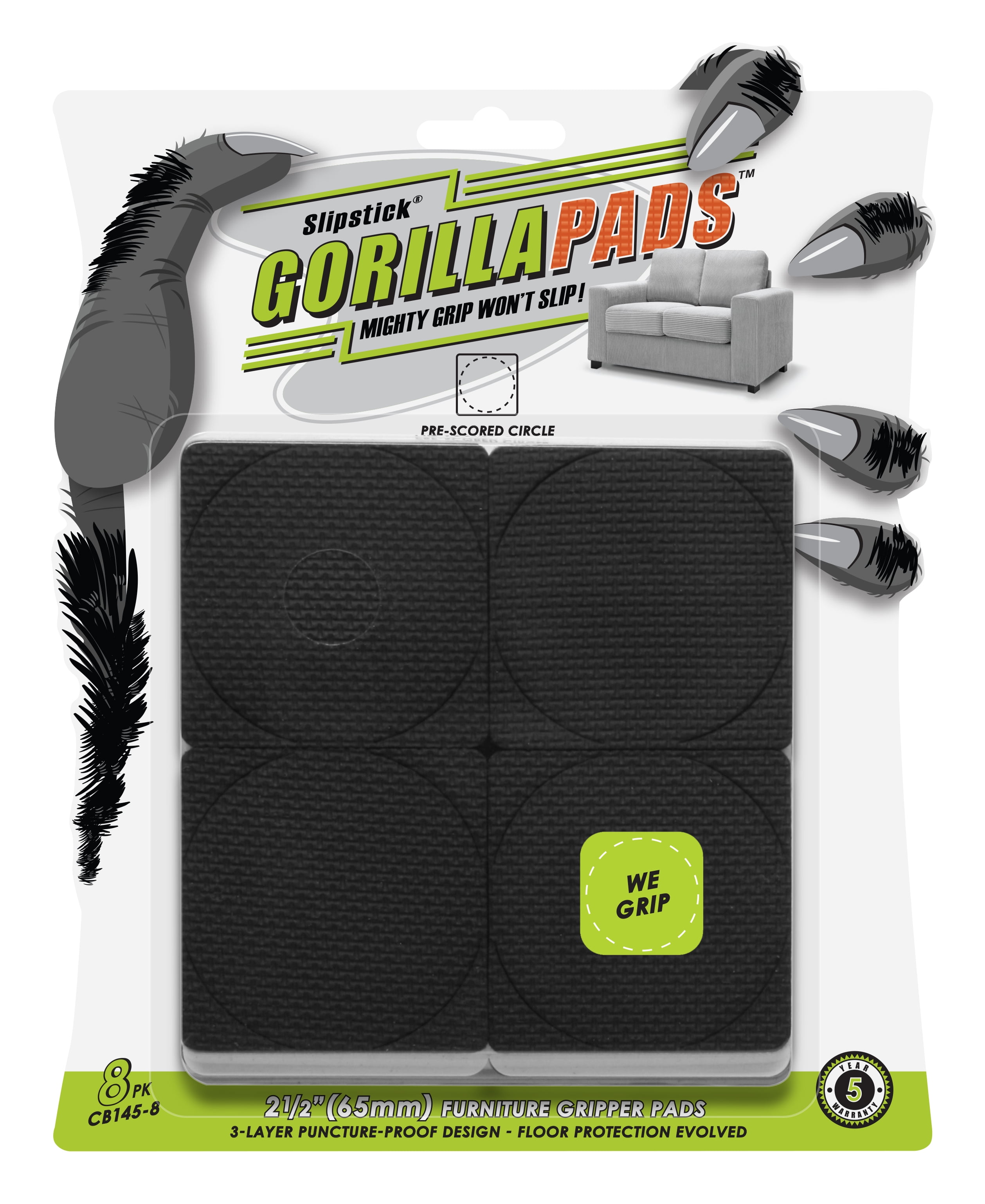 GorillaPads Black 2.5" Non-Slip Rubber Furniture Grippers, 8-Pack