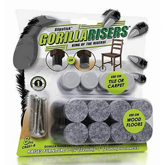 GorillaRisers CB251-8 Screw on Furniture Risers (8 Pack) Floor Protector Slider Legs Raise Chair or Table Height 1-1/4” to 1-1/2", Plastic & Felt Glide Combo, 1 Inch Round, Black