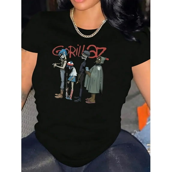 Gorillaz Band Graphic Print T-Shirt for Women - Casual Crew Neck Short Sleeve Tee with Cotton Blend - Comfortable Medium Stretch Knit Fabric Top for All Seasons