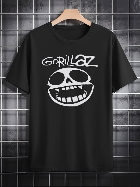 Gorillaz Graphic Print T-Shirt for Men, Casual Crew Neck, Cotton Tee with Slight Stretch, Summer Knit Fabric Regular Fit, with Humorous Skull Design, for Fashionable Men'S Short Sleeve Shirt
