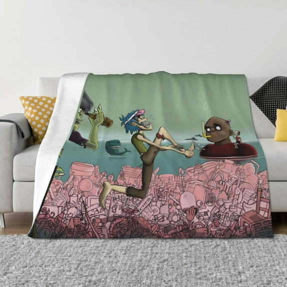 Gorillaz Plastic Beach Flannel Blanket Cozy Ultra-Soft Micro Throw Blanket For Bed Sofa Couch Car Office Camping Travel All Season Fleece Blanket 40"x30"