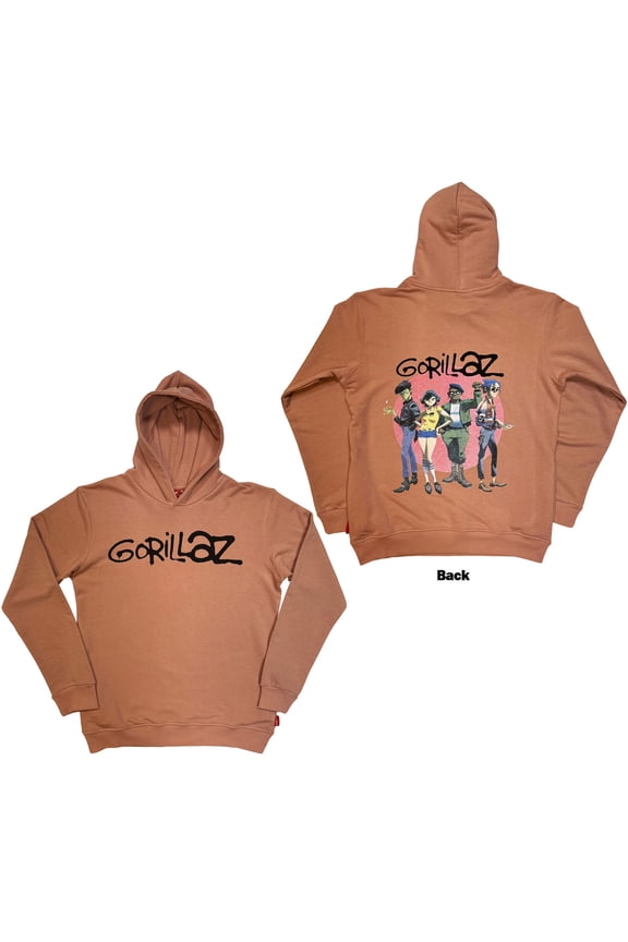 Gorillaz Unisex Unplugged Pullover Hoodie: Group Circle Rise (Pink) (Back Print)