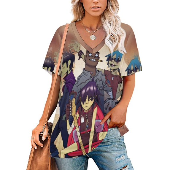 Gorillaz Women's Shirt V-Neck Breathable Short-Sleeve T-Shirt Casual Fashion Tee Soft & Trendy Blouse XL