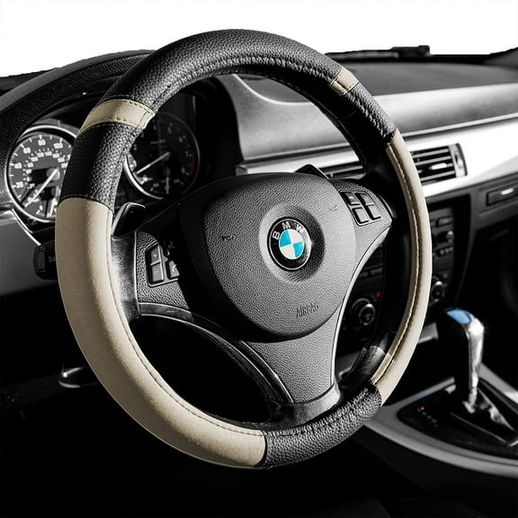 Gorla Gear Beige Leather Neoprene Steering Wheel Cover Women Men, Easy Fast Installation, Tan Khaki Universal Fit 14.5 15 15.5 Inch, Anti-Slip Safer Grip Car Accessories for Automobile Truck SUV Van