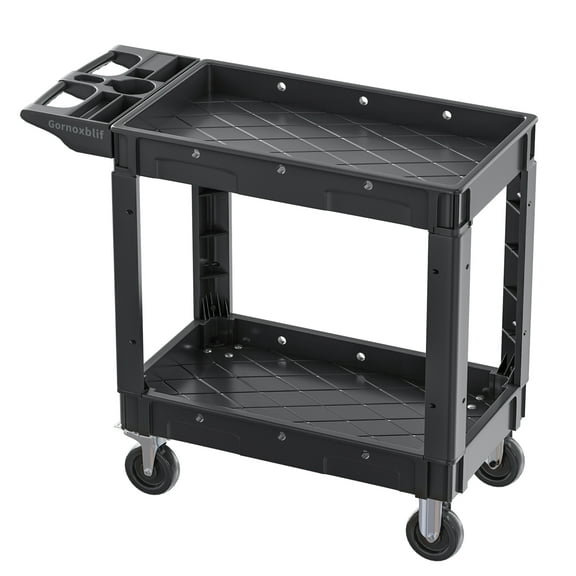 Gornoxblif Utility Cart with Wheels, Plastic Rolling Utility Cart, Heavy Duty Two-Shelf Service Push Cart for Warehouse, Garage, Cleaning, Business, Cleaning, Restaurants, Ecommerce