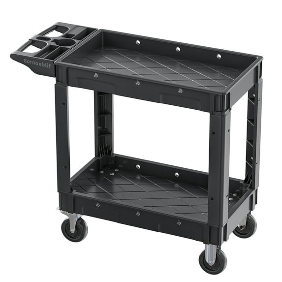 Gornoxblif Utility Cart with Wheels, Plastic Rolling Utility Cart, Heavy Duty Two-Shelf Service Push Cart for Warehouse, Garage, Cleaning, Business, Cleaning, Restaurants, Ecommerce