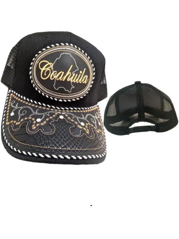 Gorra de Coahuila Hat, Adjustable Unisex, Charro Style, Polyester/Acrylic, Embroidered Snake Skin Design in Black