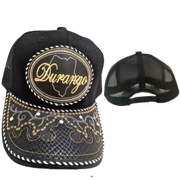 Gorra de Durango Hat, Adjustable Unisex, Charro Style, Polyester/Acrylic, Embroidered Snake Skin Design in Black