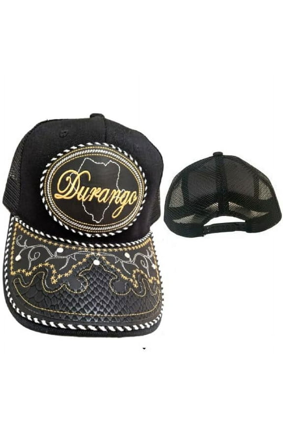 Gorra de Durango Hat, Adjustable Unisex, Charro Style, Polyester/Acrylic, Embroidered Snake Skin Design in Black